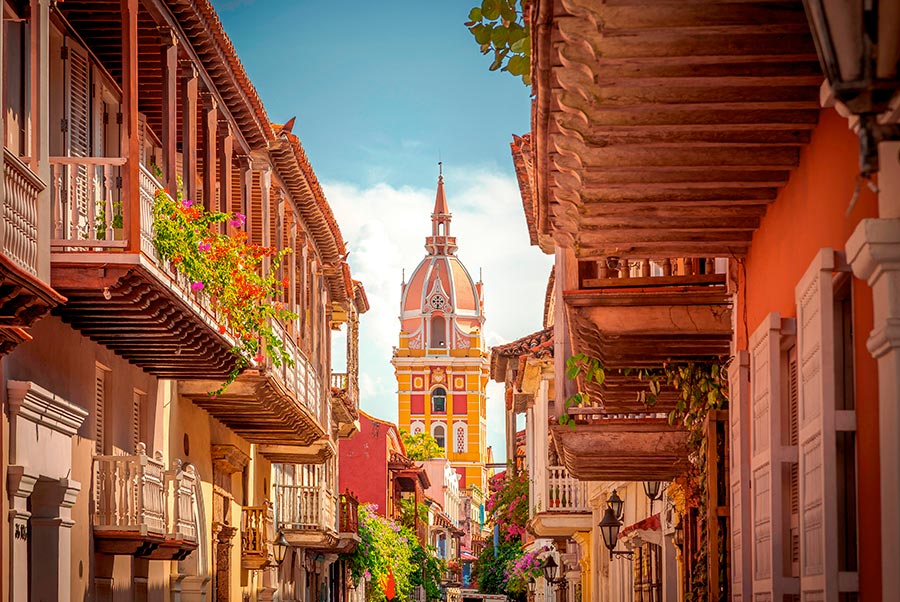 Clock tower and streets of the walled city of Cartagena 